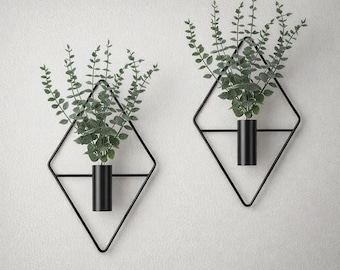 4 Black Geometric Hanging Planters with Artificial Eucalyptus | Metal Wall Decor