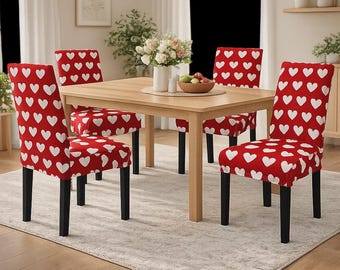 Red Heart Valentine's Day Chair Covers | Romantic Dining Decor, Set of 4