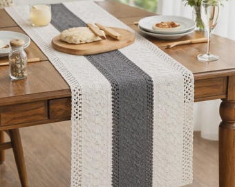 Farmhouse Crochet Table Runner | Dark Grey Cream Rustic Dining Decor (12x70/90 Inch)