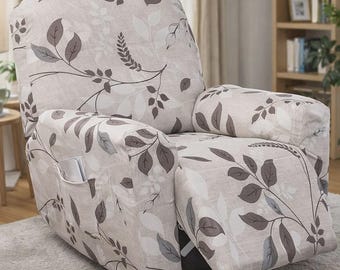 Floral Recliner Slipcover with Pockets | Stretchy 4-Piece Chair Protector