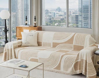 Copridivano Boho / Fodera in ciniglia lavabile / Adatto ad animali domestici / Divanetto / Kaki (71" x 102")