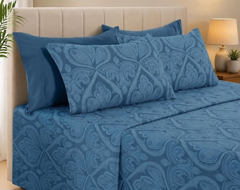 Navy Blue Paisley Queen Sheet Set | Boho Microfiber Bedding | Deep Pocket Fitted Sheet | Wrinkle Free Bed Sheets