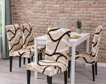 Set of 4 Stretch Dining Chair Covers - Modern Wave Pattern Parsons Chair Slipcovers