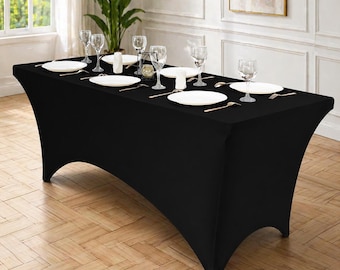 6FT Black Spandex Tablecloth - Fitted | Washable | Wrinkle-Resistant for Weddings | Events | Parties | Banquets (2 Pack)