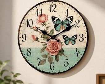 Vintage Floral Wall Clock 10 Inch | Silent Non Ticking | Blue Butterfly Rose Wooden | Farmhouse Kitchen Decor
