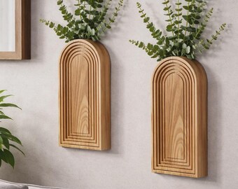 Wooden Wall Vase Set | Rustic Brown Farmhouse Boho Decor for Narrow Spaces