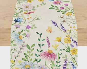Floral Table Runner | Lavender Daisy Eucalyptus Spring Summer Dining Decor 13x72 Inch