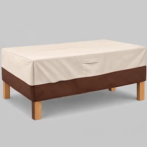 May include: A rectangular outdoor furniture cover in beige and brown. The cover is made of a durable, water-resistant material and features a pocket on the side. The cover is designed to protect a rectangular table from the elements.