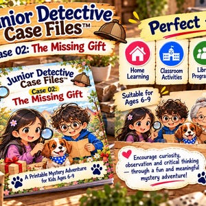 Peut inclure: Un livre d'activités d'aventure mystère imprimable intitulé Junior Detective Case Files Case 02 The Missing Gift avec des illustrations de deux enfants et un chiot avec des loupes, des chapeaux de détective et du texte pour les 6-9 ans.