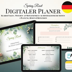 Digitaler Planer für GoodNotes iPad, Tages Wochen & Monatsplaner mit Tracker und Reflexion, Minimalistischer Reset Planner PDF
