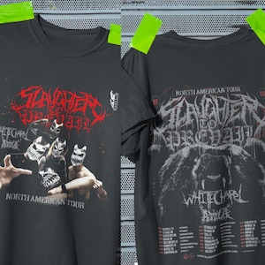 Puede incluir: Camiseta negra con el texto "Slaughter to Prevail" en rojo y blanco, y un gráfico de figuras enmascaradas. La camiseta también incluye los textos "Whitechapel" y "North American Tour".