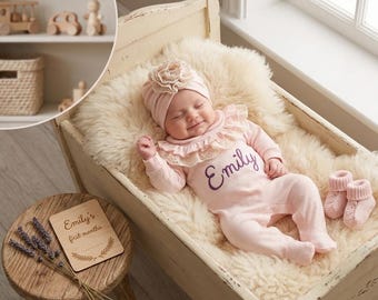 Spersonalizowany zestaw: kombinezon i turban dla dziewczynki – haftowane imię, strój dla noworodka w stylu boho