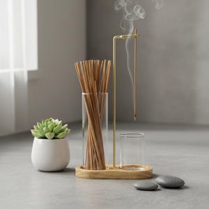May include: A home decor scene featuring a small succulent in a white pot, a glass vase filled with incense sticks, and a gold-colored incense holder. The incense holder is lit, with smoke rising. Two gray stones are on the surface.