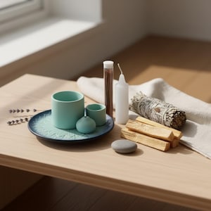 Op de afbeelding: Een serene opstelling van spirituele items op een houten tafel. Inclusief een turquoise keramische beker, een kleine vaas en een decoratief bord. Ook aanwezig zijn een witte kaars, saliebundel, palo santo stokken en een kleine grijze steen.