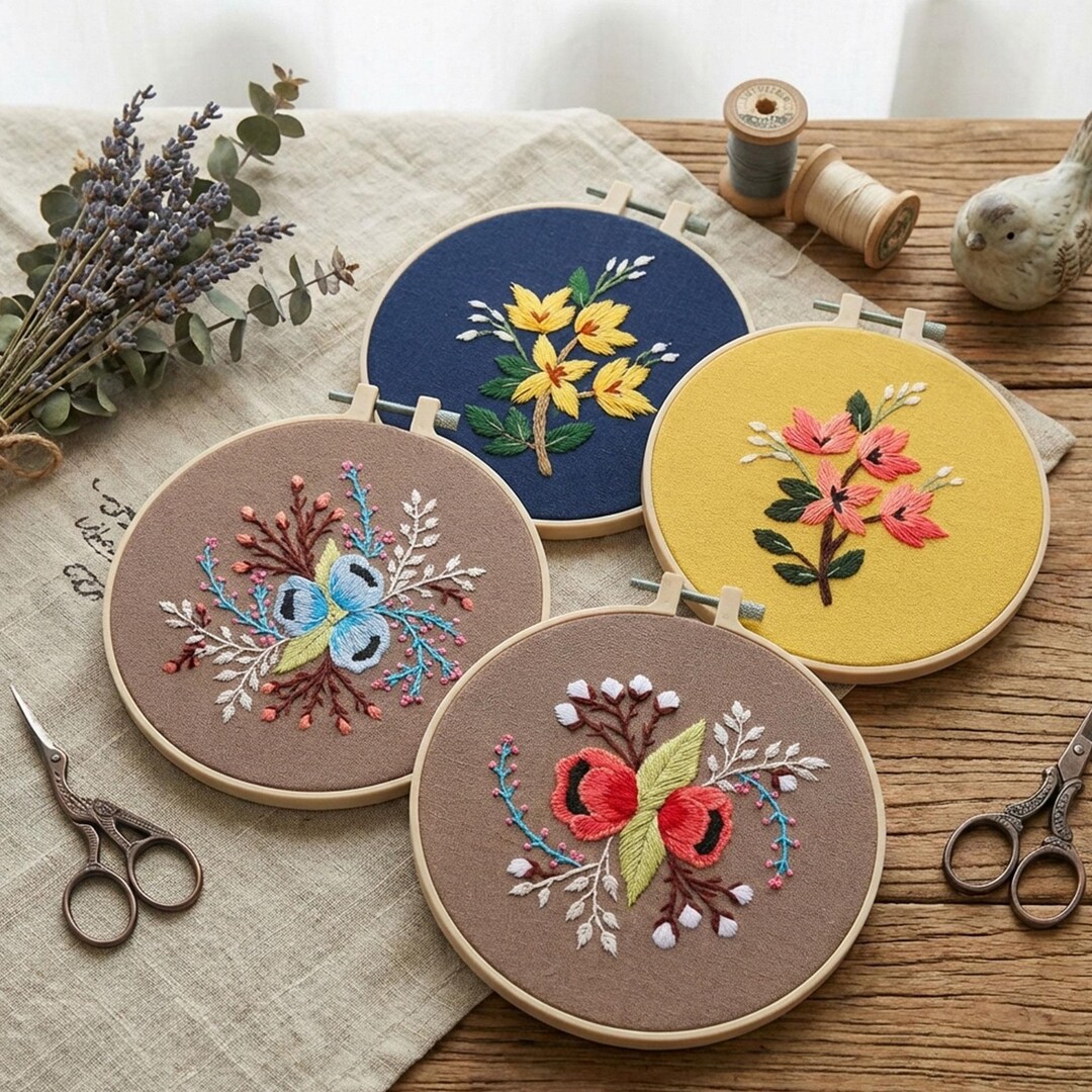Hand Embroidery Hoop Art Set, Floral Botanical Wall Decor, Cottagecore ...