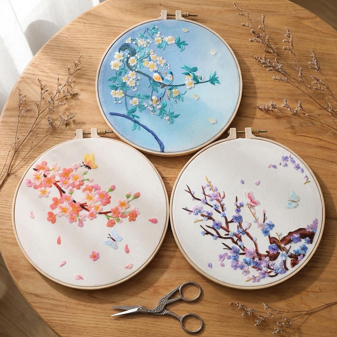 Beginner Cherry Blossom Embroidery Kit, Bird Sakura Floral Needlework ...