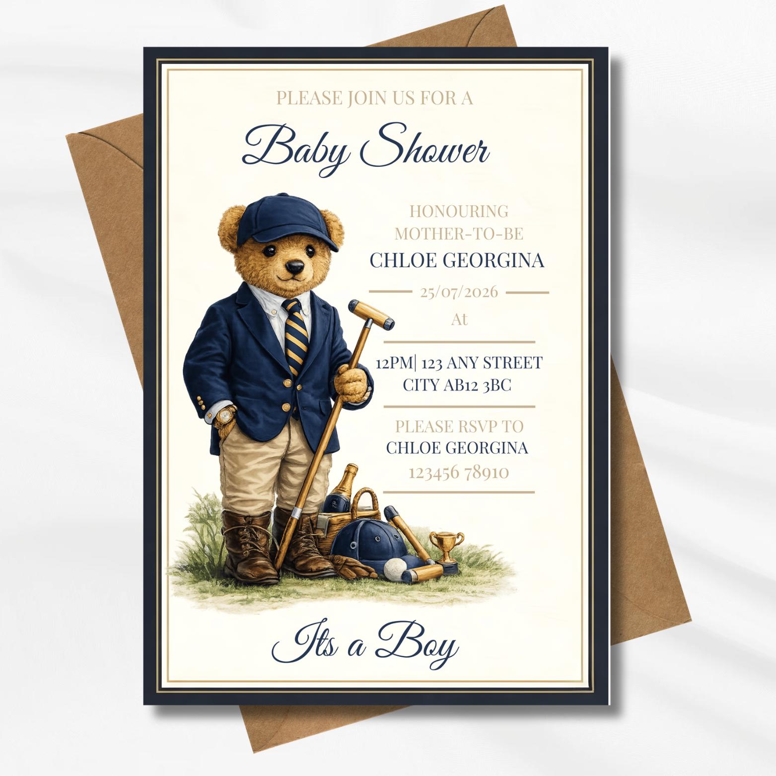 Polo Teddy Bear Baby Shower Invitation, Editable Canva Template ...