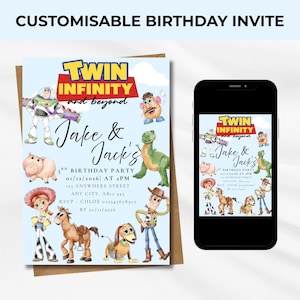 May include: Customizable birthday invitation featuring characters from a popular animated film. The invitation includes the text "Twin Infinity and beyond" and details for a birthday party, including the date, time, and location. A smartphone displays the same design.