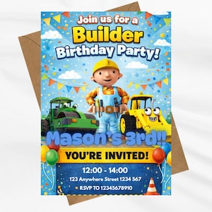 Puede incluir: Una colorida invitación de cumpleaños con un personaje de dibujos animados de constructor, vehículos de construcción y el texto "Join us for a Builder Birthday Party!". La invitación incluye el texto "Mason's 3rd!!" e información de RSVP.