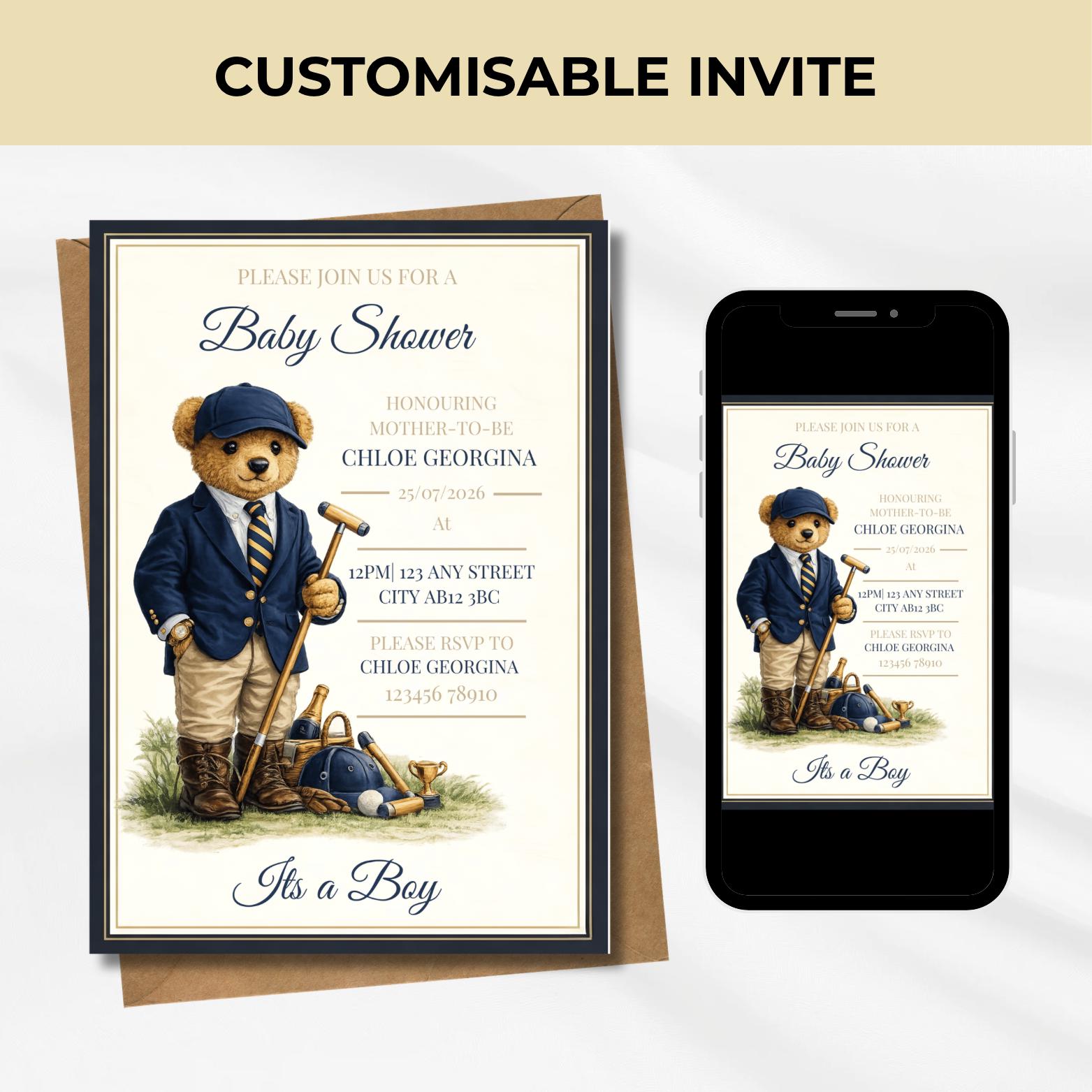 Polo Teddy Bear Baby Shower Invitation, Editable Canva Template ...