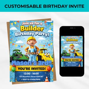 Puede incluir: Una invitación de cumpleaños con un personaje de dibujos animados de constructor, vehículos de construcción y el texto "¡Únete a nuestra fiesta de cumpleaños de constructor!" La invitación está en una tarjeta marrón con un diseño a juego en un smartphone.