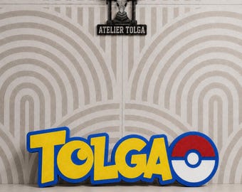 Pokemon style name sign with custom name – colorful 3D name plate with or without ball