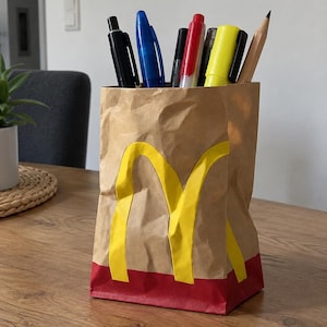 Könnte beinhalten: Ein Stiftehalter aus einer braunen Papiertüte mit dem gelben McDonald's-Logo auf der Vorderseite und einem roten Streifen am Boden. Die Tüte ist mit verschiedenen Schreibgeräten gefüllt, darunter schwarze, blaue und rote Stifte, ein gelber Textmarker und ein Bleistift.