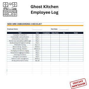 May include: A printable employee log for a Ghost Kitchen, featuring a new hire onboarding checklist. The document includes fields for employee name, start date, tasks, due dates, completion status, and notes. The words "Ghost Kitchen Employee Log" are at the top.