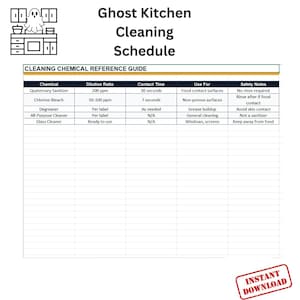 May include: A cleaning schedule titled "Ghost Kitchen Cleaning Schedule" with a cleaning chemical reference guide. The guide lists chemicals, dilution ratios, contact times, uses, and safety notes. Includes a small graphic of a ghost and kitchen cabinets.