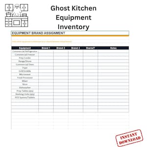 May include: A white and black equipment inventory spreadsheet titled "Ghost Kitchen Equipment Inventory." The spreadsheet includes columns for equipment, brand assignments, and notes. A small ghost graphic is in the upper left corner. The words "Instant Download" are in a red stamp.