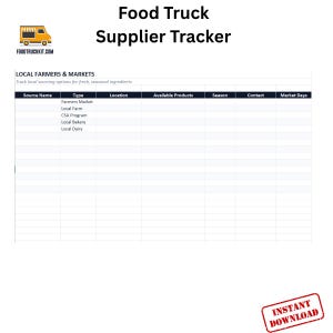 May include: A digital Food Truck Supplier Tracker template. The document includes sections for source name, type, location, available products, season, contact, and market days. The text "Food Truck Supplier Tracker" is at the top, with "Instant Download" at the bottom.