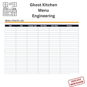 Peut inclure: Un journal de mise à jour de menu numérique intitulé "Ghost Kitchen Menu Engineering". Le journal comprend des colonnes pour la date, l'article, le type de modification, l'ancienne valeur, la nouvelle valeur et la raison. Une petite icône de fantôme et les mots "Téléchargement instantané" sont également présents.