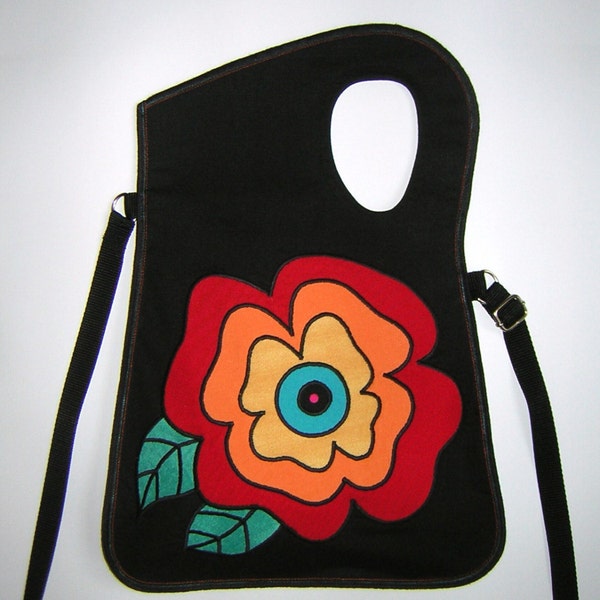 Bohemian Medium Haversack Crossbody Bag cheerful flat bag Sling Bag iPadmini purse travel pocket mixed fabrics Black Colorful flower floral