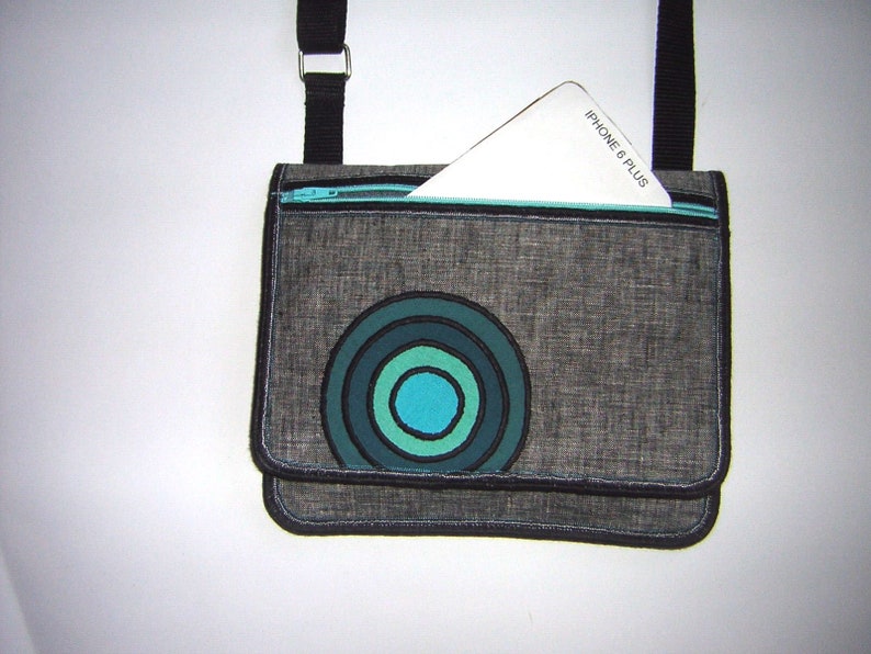 NEW Sling Bag fit large phone /& eyeglass Small Crossbody Bag gadget case Passport Purse travel pocket Handmade bag gray turquoise teal