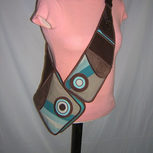 Bike Bag Sling Pack backpack biking hiking tote Body Purse cross body bag travel purse mixed fabrics in Brown-Beige-Turquoise  with circle