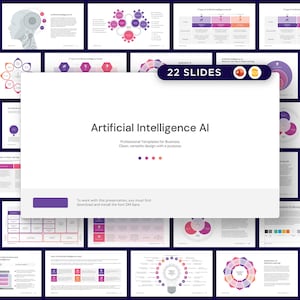 May include: A presentation titled "Artificial Intelligence AI" with 22 slides. The cover features the title in a clean, modern font. The slides have a purple and white color scheme, with various charts and diagrams. The presentation is designed for business use.
