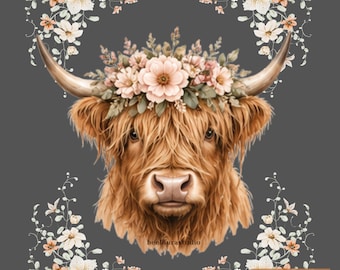 Highland Cow Flower Clipart Bundle PNG, Boho Floral Cow Sublimation Design, Watercolor Cow PNG, Cute Farm Animal Clipart Set