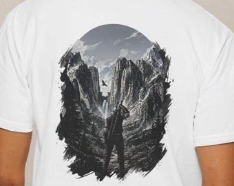 Dark Fantasy Warrior Back Print T-Shirt, Mountain Landscape Graphic Tee, Medieval Hunter Shirt, RPG Aesthetic Unisex Tee, Gamer Streetwear