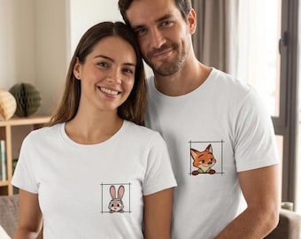 Couple Matching T-Shirt Set, Fox Bunny Shirt, Cute Couple Tee,Matching Outfit,Kawaii Animal Shirts,His and Hers Shirt,Minimalist Couple Gift
