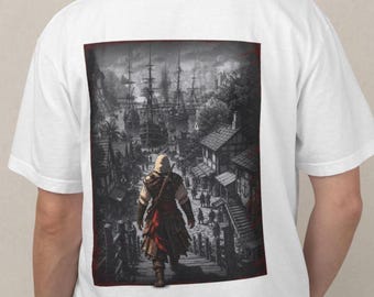 Pirate Assassin Inspired T Shirt, Black Flag Style Streetwear Tee, Gamer Graphic Shirt, Skull Logo Back Print, Dark Aesthetic Unisex Tee