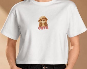 Cute Bear Crop Top Kawaii Aesthetic Shirt, Minimal Cute Tee for Women, Soft Girl Graphic Crop Tee, Cozy Pastel Top
