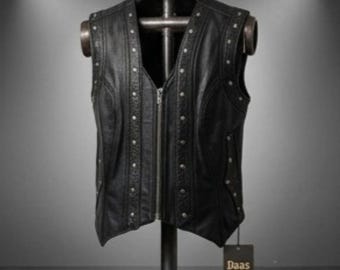 Chaleco de cuero negro con tachuelas para hombre / Estilo motero / Chaleco punk rock sin mangas / Chaleco hecho a mano