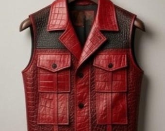 Handmade Red Croc-Embossed Leather Vest | Mens Gothic Streetwear Waistcoat | Biker | Bodywarmer Vest for men