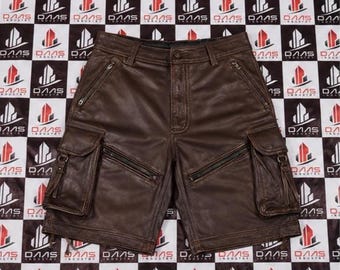 Men’s Brown Leather Cargo Shorts -Multi Pocket Biker-Handmade Streetwear Shorts
