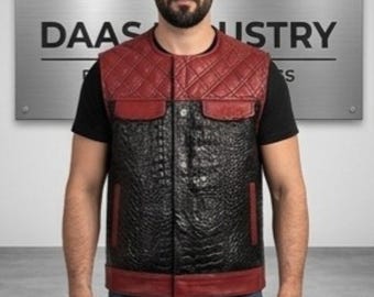 Handmade Crocodile Texture Biker Vest-Men’s Red Black Leather-Quilted Shoulder Sleeveless-Motorcycle vest