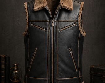 Chaleco de cuero genuino hecho a mano para hombre - Cuello de borrego de invierno - Chaleco estilo motero para hombre - Regalo para él