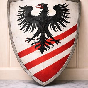 Może przedstawiać: Tarcza z czarnym orłem na białym tle, czerwony dziób. Tarcza ma trzy czerwono-białe paski i metalową obwódkę. Tarcza opiera się o białą ścianę.