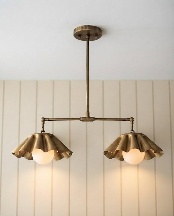 Mid Century Modern Brass Chandelier Fluted Flower Pendant Light 2 Light Linear Dining Table Fixture Opal Glass Kitchen Island Lighting Decor