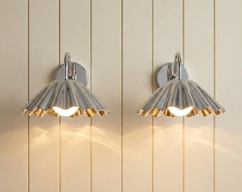 Handmade Polished Chrome Scalloped Wall Sconce – Fluted Gooseneck Vanity Light – Silver Ruffled Shade Lamp Flower Shaped MCM Art Home Décor