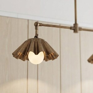 May include: A ceiling-mounted light fixture featuring a metallic bronze finish with a horizontal arm and a downward-facing, pleated, bell-shaped shade. A single, spherical, frosted white glass bulb is centered within the fluted metal shade.